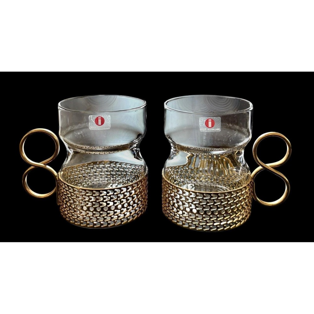 Set Of 2 Iittala Finland Tsaikka‎ Glasses Metal Holder Timo Sarpaneva 8 oz